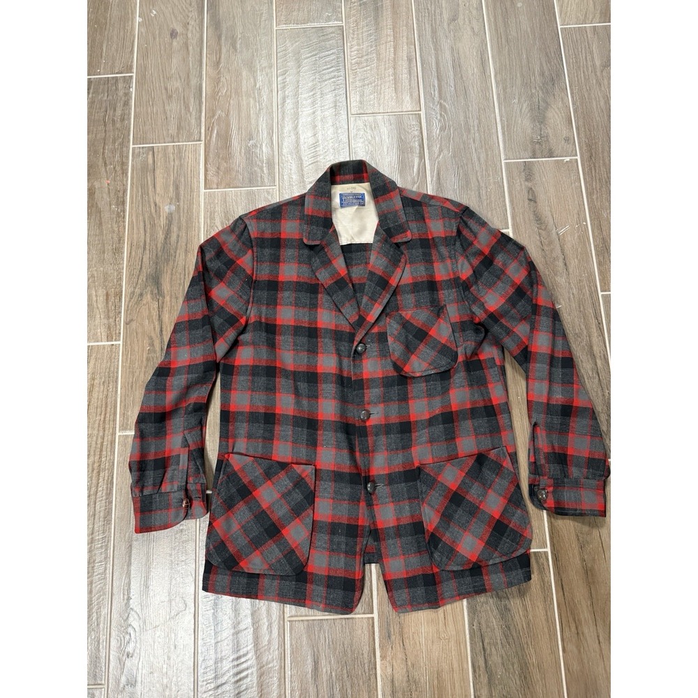 Vintage 70s Pendleton Medium Plaid Wool Blazer Jacket Red Black Button Front